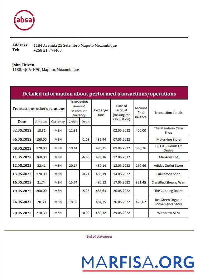 Realistic Mozambique ABSA bank statement word download for verification